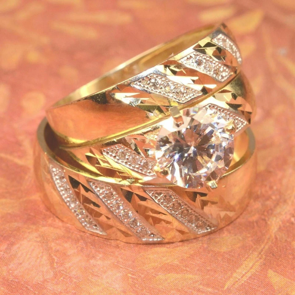 His & Her Trio Ring Set 2Ct Round Cut Created Diamond 14k Yellow Gold Plated - Image 4 of 4