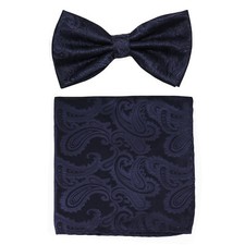 New formal Men's micro fiber pretied bow tie  hankie set paisley navy blue