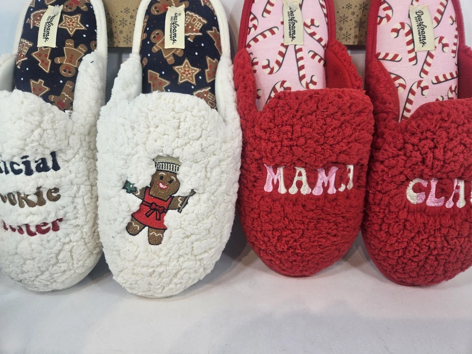 Juego de zapatillas para mujer Dearfoams Mama Claus & Cookie Tester XL 11/12 felpa navideña Foto 3 de 4