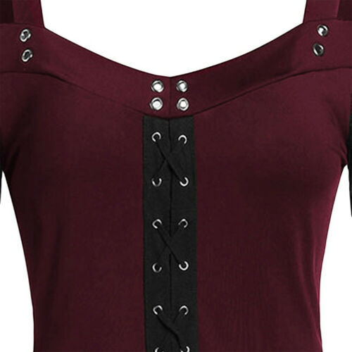 Plus Size Women Victorian Gothic Mini Dress Cold Shoulder Lace Up Tops UK 18-26 - Picture 8 of 18