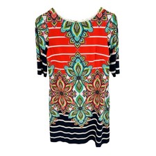 Eliza J Womens Size 6 Paisley Stripe Shift Dress 3/4 Sleeve Coral Navy Blue