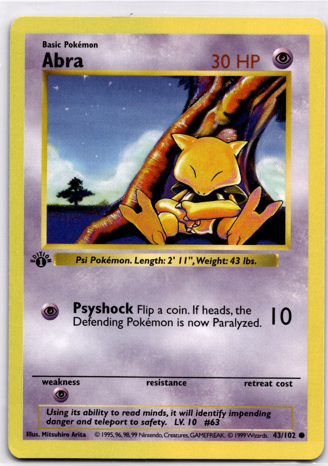 Abra 43/102 – 1st Edition Shadowless – LP – WotC Vintage 1999 Pokémon Card