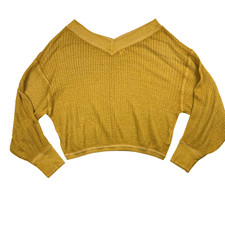 We The Free Sweater Womens Small Mustard Waffle Knit V-Neck Long Sleeve