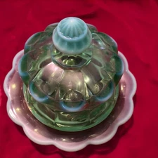 Vtg Mosser Green Opalescent Cherry  Thumb Print Covered Butter Dish