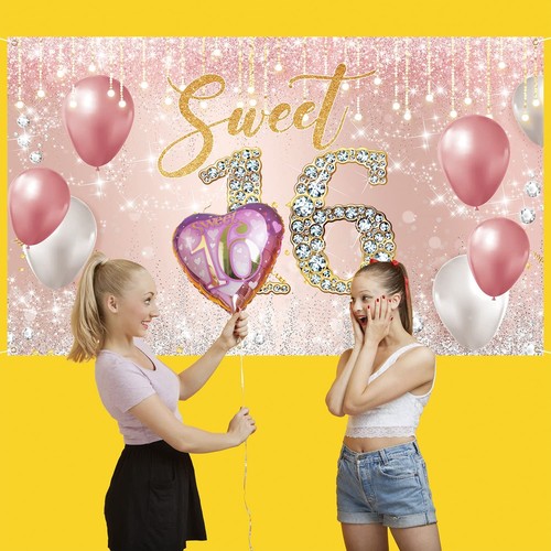 16 Birthday Backdrop Banner Pink Rose Gold Sweet 16 Birthday Decorations Happy 1 - Picture 4 of 6