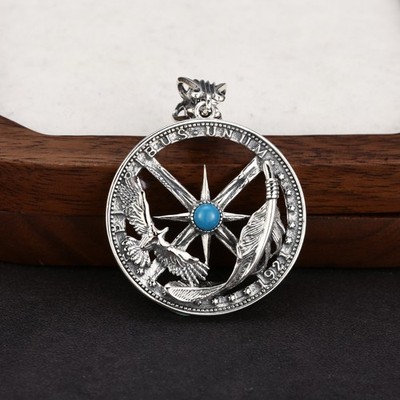 Eagle & Feather Freedom Compass, S925 Sterling Silver Coin Pendant, Men's Amulet