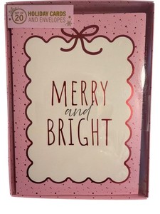 Set 20 Merry Bright Holiday Greeting Cards Envelopes Pink Red Bows Polka Dot NEW