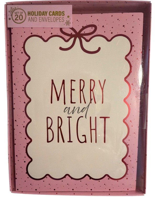 Set 20 Merry Bright Holiday Greeting Cards Envelopes Pink Red Bows Polka Dot NEW