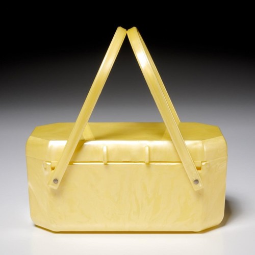 Vintage buttercremegelb durchbohrt Metall Lucite Top Griff Box Handtasche 2 Stck. Posten - Bild 4 von 9
