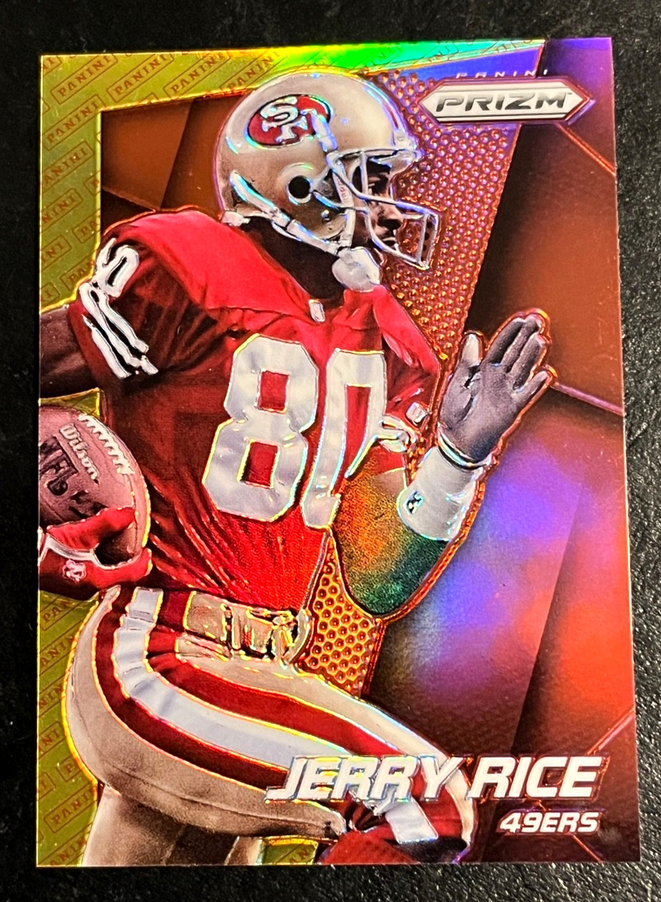 2014 Prizm Jerry Rice Red & Yellow Panini Logo Refractor card