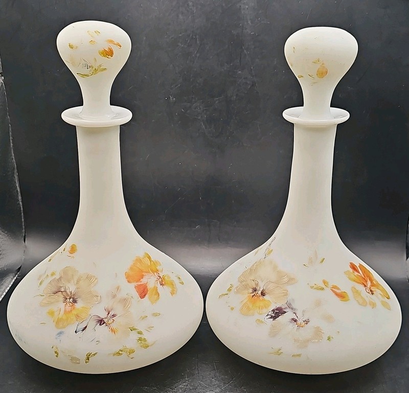 Set (2) Antique Hand Painted Floral Boudoir Bristol Style Milk Glass Decanters 