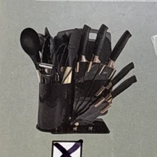 Kitchenware Set19 Pcs Knife Silicone Gel Spatula Spoon Wooden Handle   Black