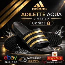 Adidas Adilette Aqua Slides Black Gold UK 8 Unisex Slip On Sandals Pool Sliders