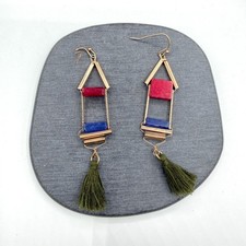 Gold Tone Red Blue Stone Olive Green Tassel Boho Geometric Dangle Earrings
