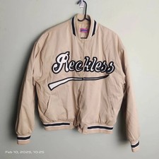 Womens Bomber Jacket Size S Reckless Tan Button Up Long Sleeve Polyester Wind