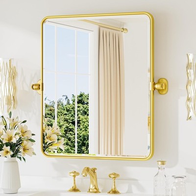 Glossy Gold Pivot Mirror for Bathroom 20 x 24 Pivoting Tilt Rectangle Beveled...
