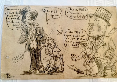 WW2 Political War Commentary Cartoon Pencil And Charcoal Drawing