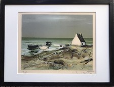 Georges LAPORTE 1926-2000.Côte sauvage, maison isolée.Lithographie.SBD.21x27.