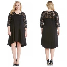 Karen Kane Swing Midi Dress Sz 2X Black Knit Lace Yoke Long Sleeve V-Neck Dressy