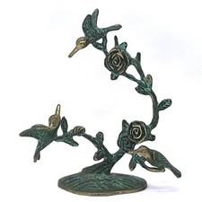 Estatuilla vintage de latón colibrí flor arbusto escultura acabado Verdigris