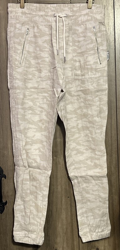Athleta Cabo Tide 100% Linen Jogger Pants Women's 8 Beige Tan Camo Zip Pockets