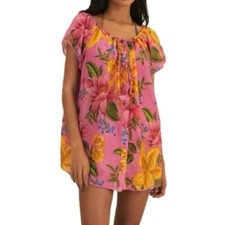 NEW RARE FARM Rio Summer Fruit Pink Mini Dress Crochet Tassels Cover-Up Size S