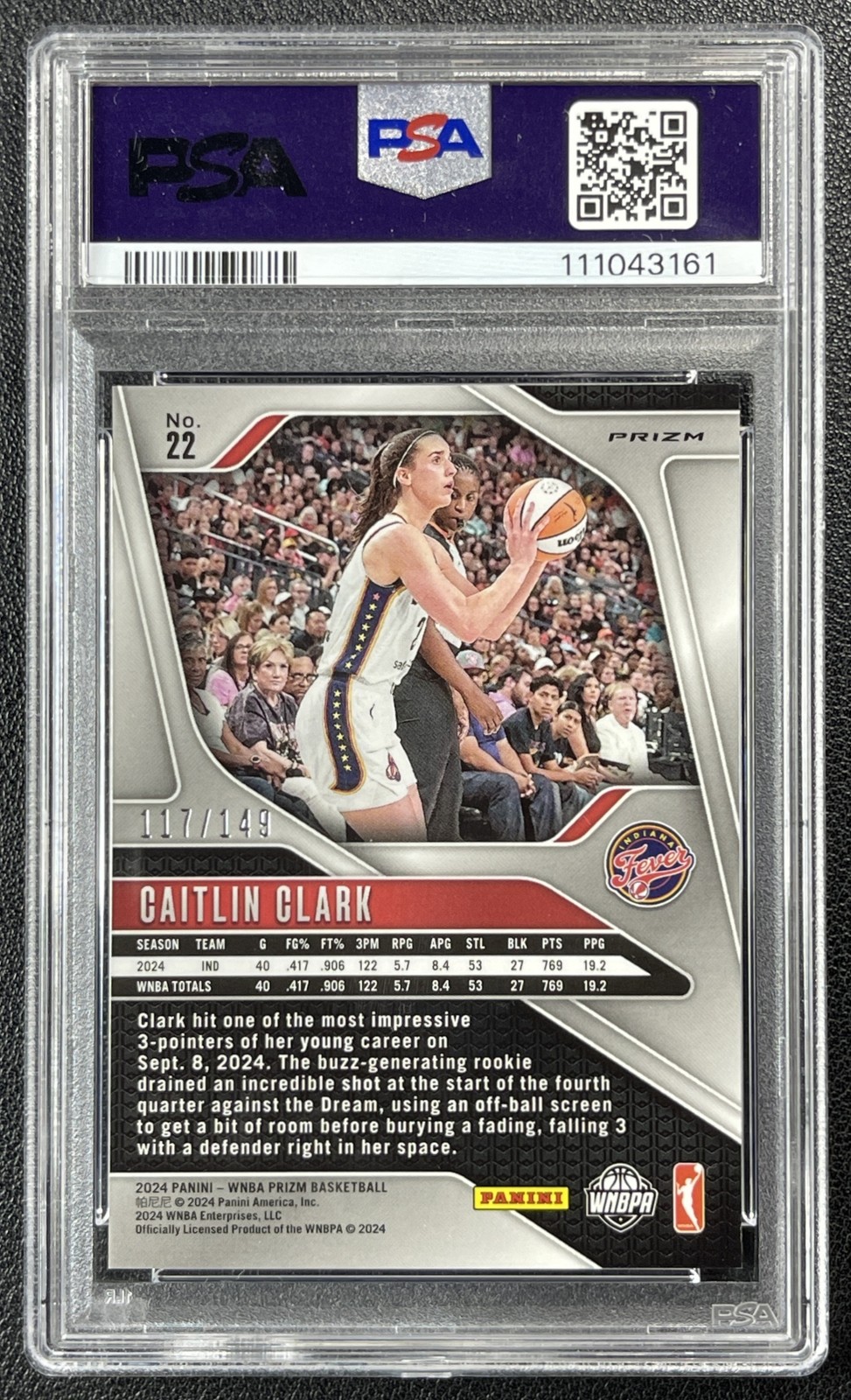 CAITLIN CLARK PSA 9 2024 PANINI WNBA PRIZM #22 ROOKIE PURPLE RC 117/149 FEVER view 2