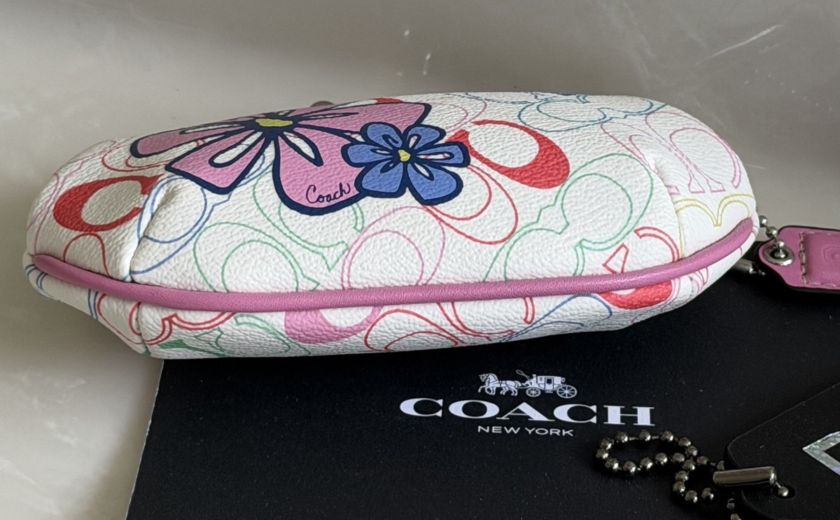COACH PINK/MULTI SIGNATURE FLOWER COATED CANVAS KISSLOCK COIN