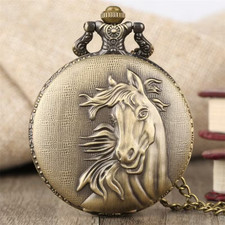 HORSE HEAD Vintage Quartz Pocket Watch with Chain Pendent GOTHIC