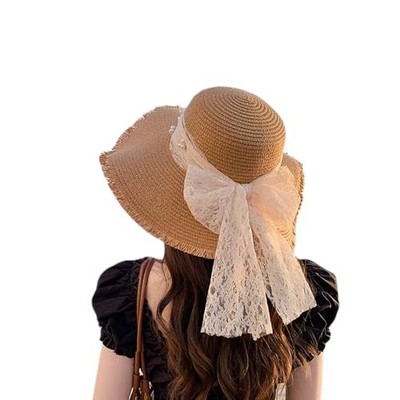 Women Foldable UV Protection Bowknot Wide Brim Floppy Beach Sun One Size Khaki
