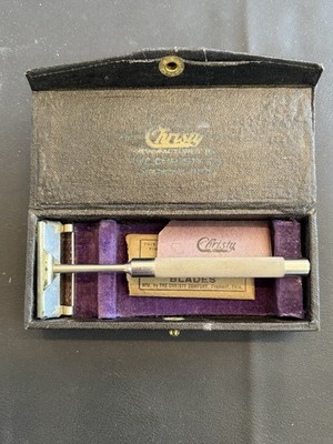 Vintage Christy Safety Razor Set w/ Case & 9 Blades Fremont Ohio Made USA