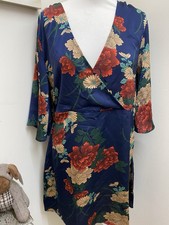 Boohoo Asian Inspired Satin Floral Blue Wrap Dress UK 14 BNWT
