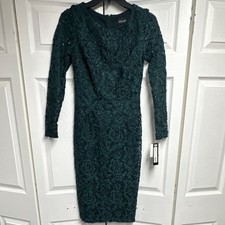 XSCAPE Hunter Green Beaded Lace Sheath Dress Long Sleeve Size 4 Formal