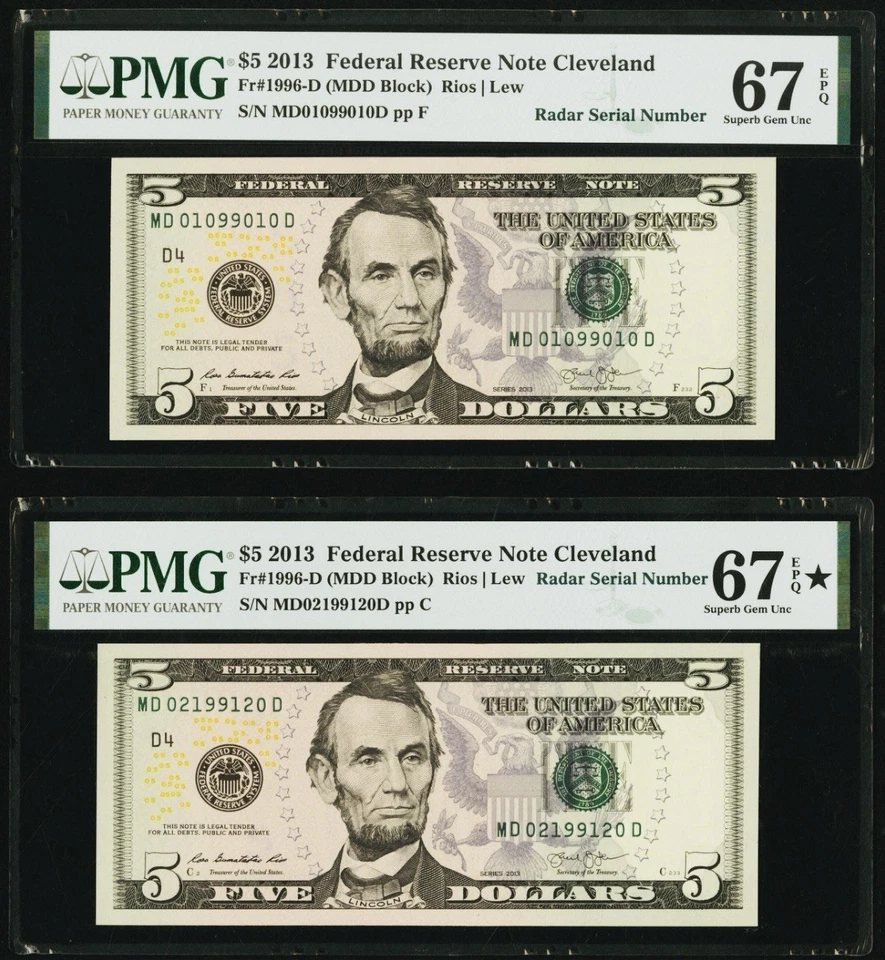 $5 2013 2 Federal Reserve Note Cleveland “Radar Serial Number” PMG 67 EPQ - Image 3 of 3