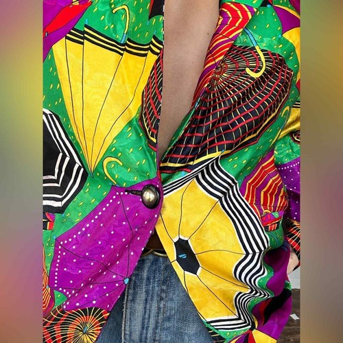 80er Jahre Rockstar Blazer Damenjacke Wild Abstrakt Regenschirmdruck Vintage Größe L - Bild 4 von 8