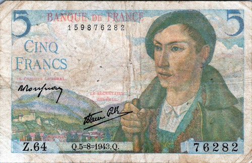 France 5 Francs 1943 " BERGER SHEPARD NOTE"