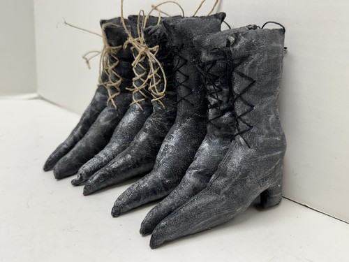 7 Halloween Primitive Folk Art WITCH BOOTS Lot Black Tree Ornaments by RATSKI - Picture 3 of 12