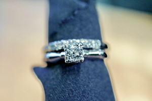 Vintage platinum diamonds engagement and wedding band set.