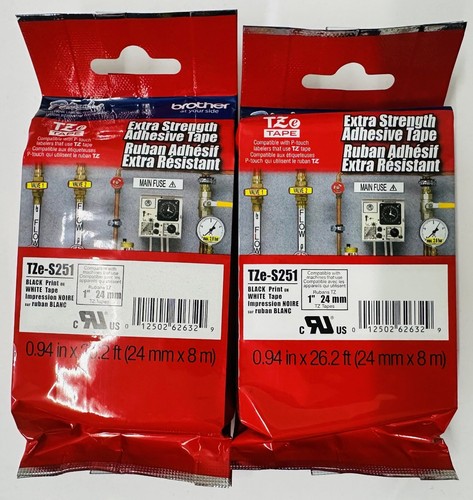 New Genuine Brother P-Touch TZe-S251 2PK 24mm-8m Black on White Tape