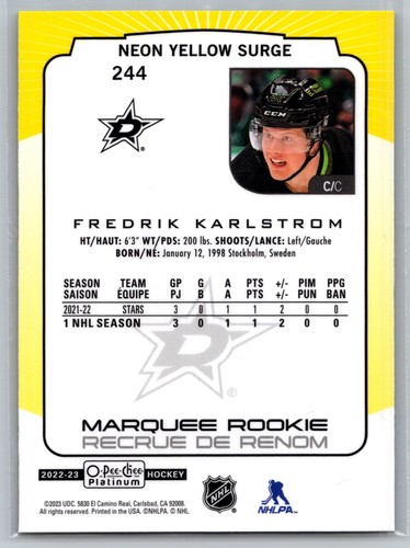 2022-23 O-Pee-Chee Platinum Fredrik Karlstrom Rookie Yellow Surge #244 Stars - Picture 2 of 2