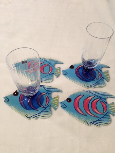SET of 4 Blue Tropical Fish COASTERS or WALL DECOR hand painted, artist signed - Picture 3 of 6