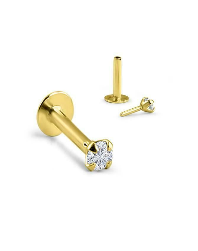 【sina】Picollet K18 Gold 16G Labret 2mm Cubic Zirconia Bezel-Set 14k Gold Flat Back Stud