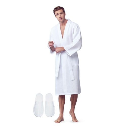 Bata de baño Lotus de lino para hombre con patrón cuadrado de gofres ropa de spa con 2 bolsillos delanteros - Imagen 7 de 95