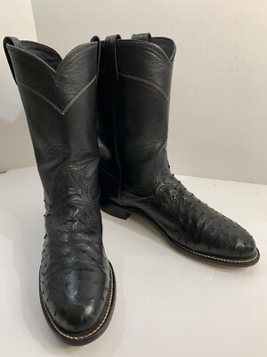 Vintage Larry Mahan Full Quill Ostrich Roper Style Black Cowboy Boots SZ 8B  EUC