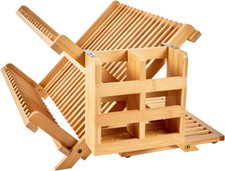NOVAYEAH Bamboo Dish Drying Rack with Utensil Holder, Collapsible Wooden Dish
