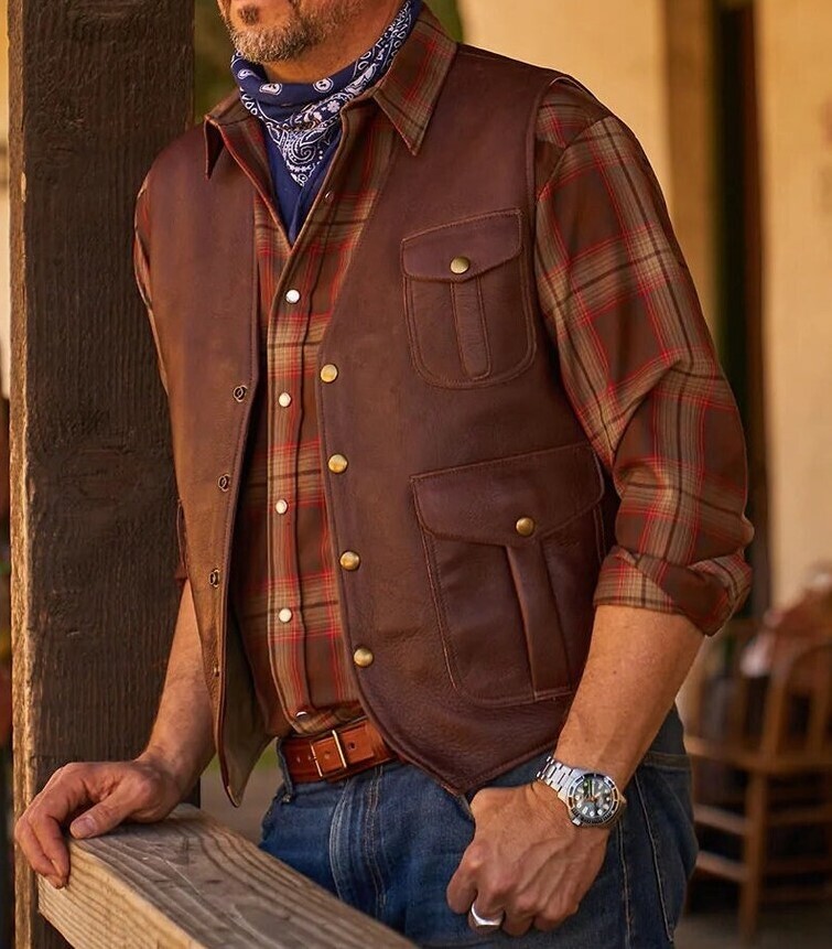 Men's Real Vintage Leather Bikers Vest Vintage Leather Safari Pockets