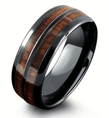 Holz Intarsien Whiskyfass Ring Größe Z1 schwarz Edelstahl Unikat 8 mm breit 