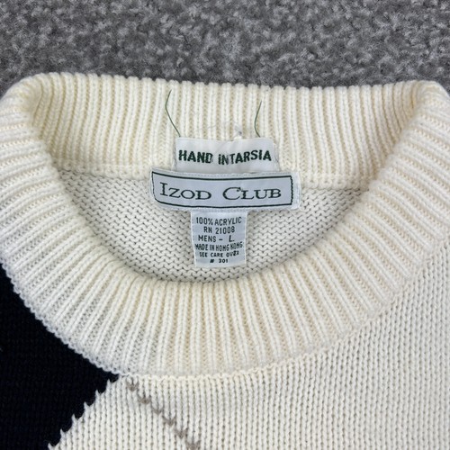 Vintage Izod Club Sweater Mens Large White Blue Argyle Grandpa Core Designer 90s - Picture 7 of 16