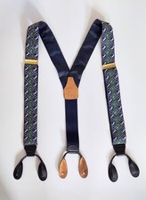 Joseph A Bank Golfer Print Adjustable Suspenders Blue Green Silk Button Brace