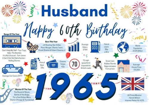 Tarjeta de 60 cumpleaños 1963 de marido feliz/hechos de nacimiento saludos azul - Imagen 2 de 9